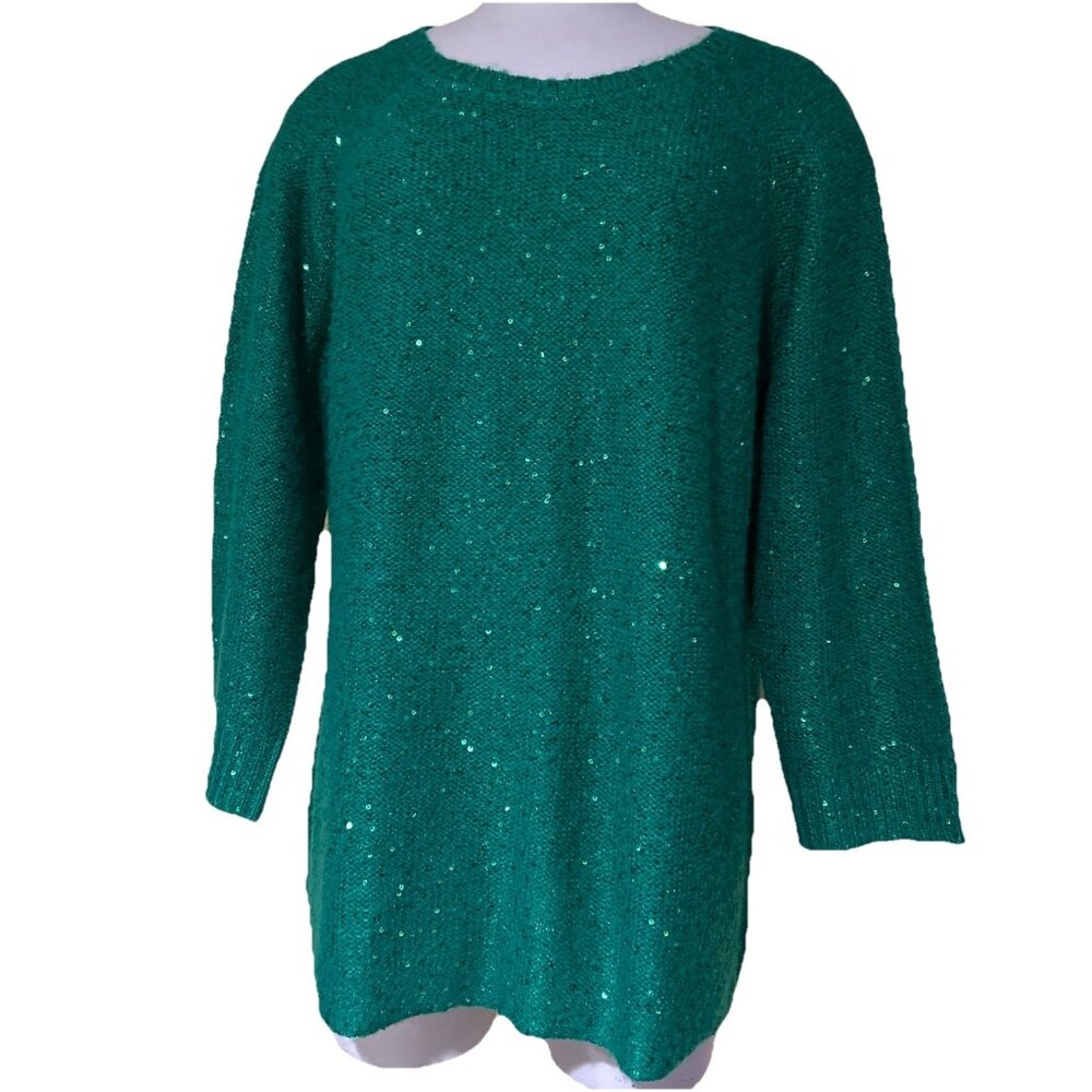 St Patricks Day Sweater Anne Klein Women's XL Green Sequin Pullover 3/4 Sleeve